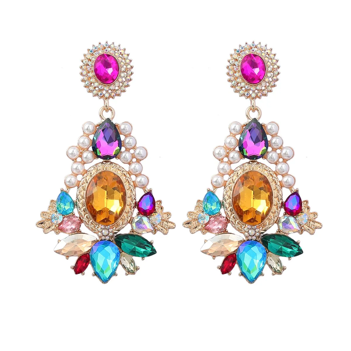 New Trend Metal Rhinestone Imitation Pearl Geometric Dangle Earrings