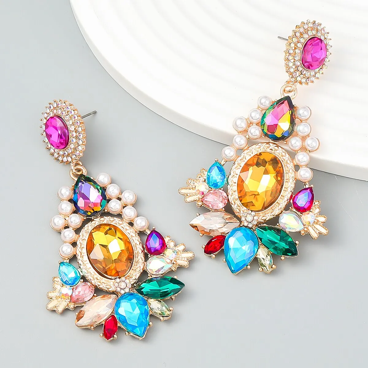 New Trend Metal Rhinestone Imitation Pearl Geometric Dangle Earrings