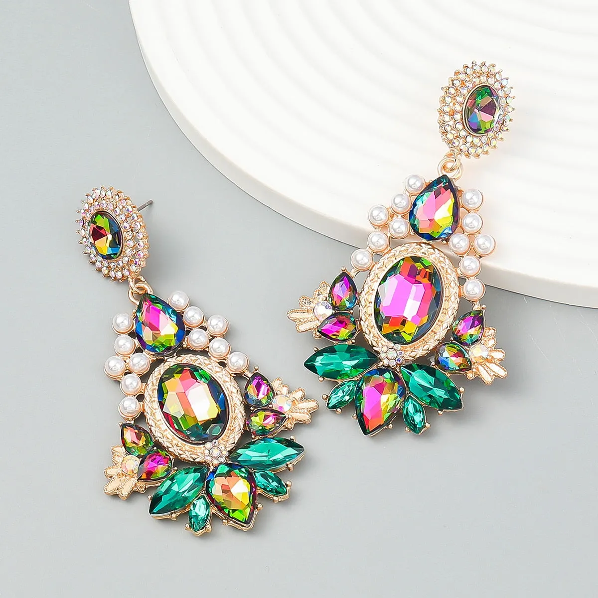 New Trend Metal Rhinestone Imitation Pearl Geometric Dangle Earrings