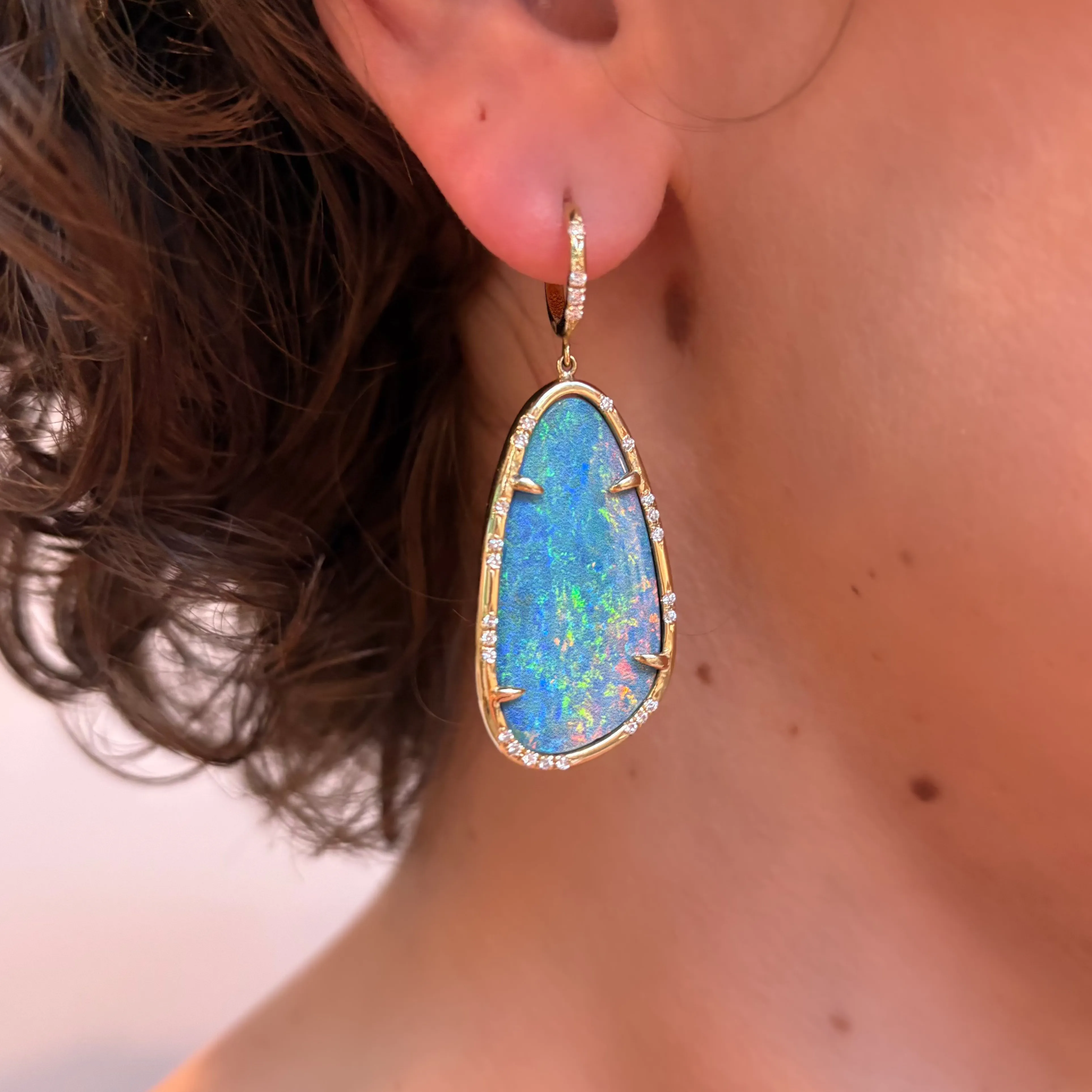One of a Kind Australian Opal & Diamond Drop Earrings