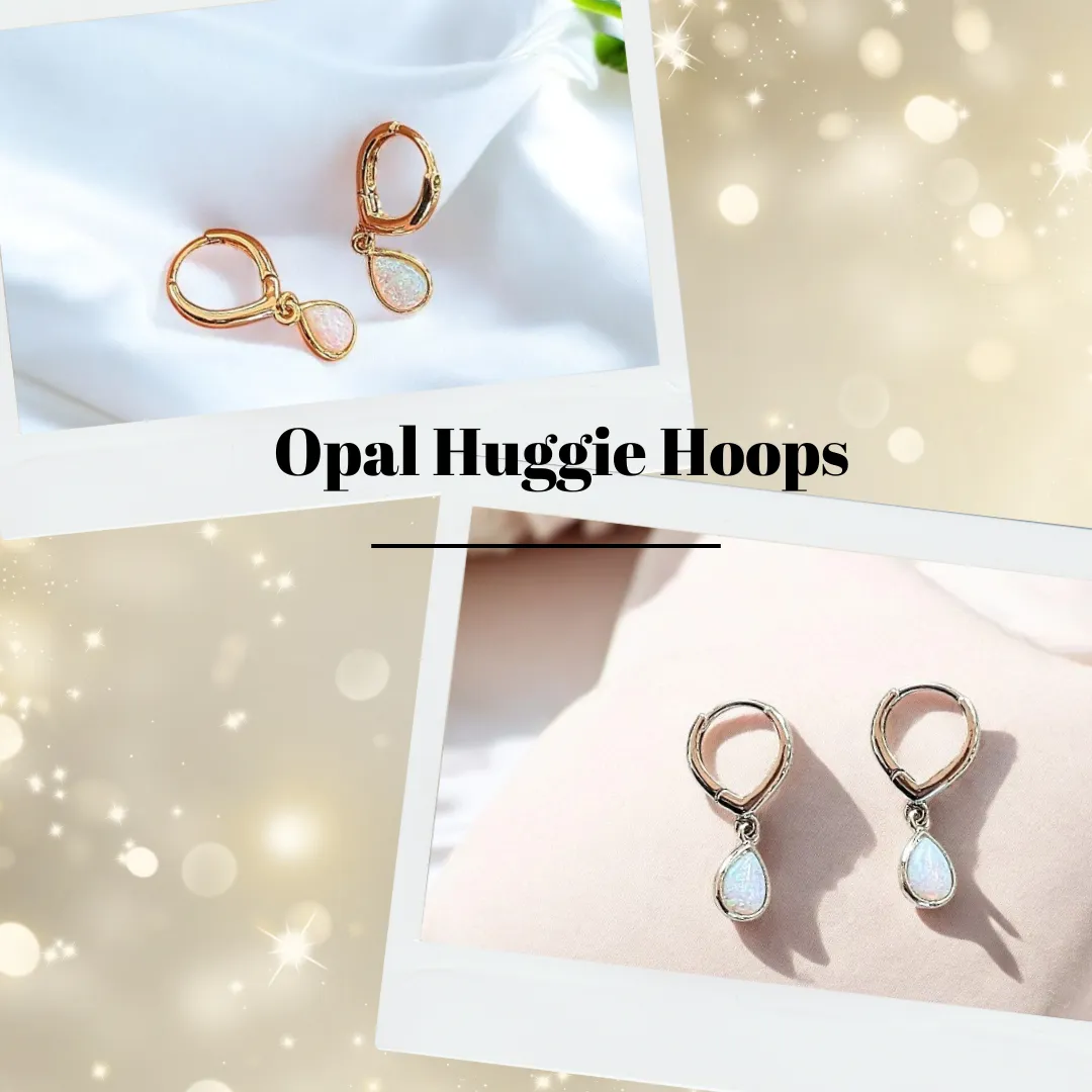 Opal Huggie Hoop earrings, 15mm Hoop Drop, Silver/Gold
