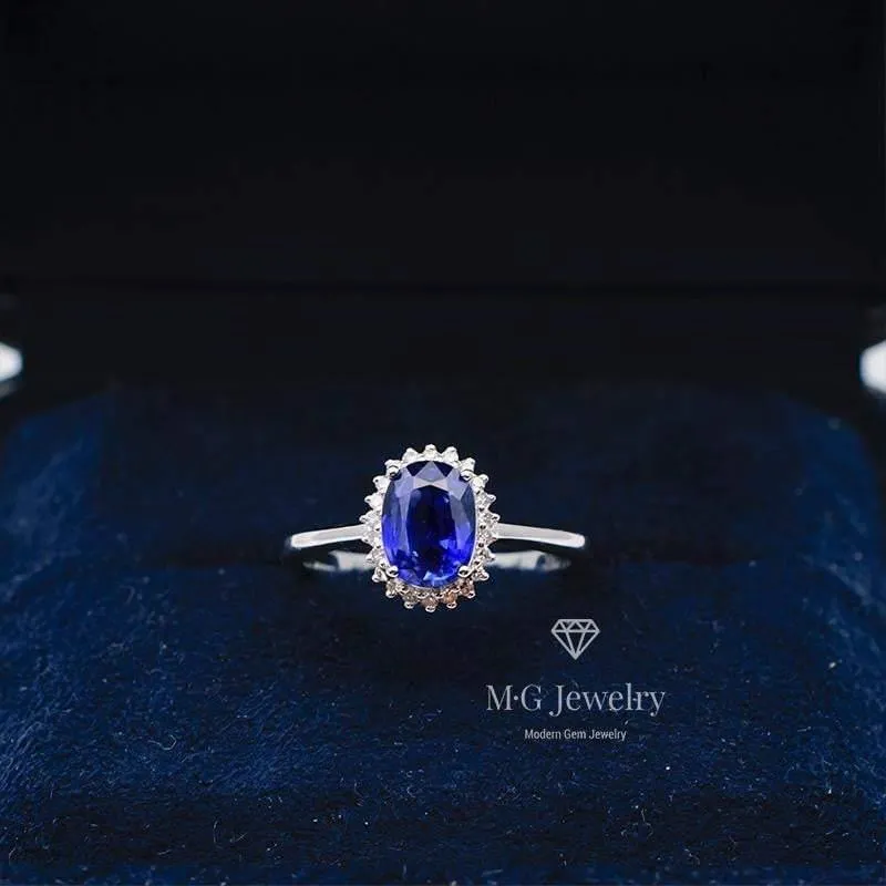 Oval Sapphire Halo Diamond Promise Ring