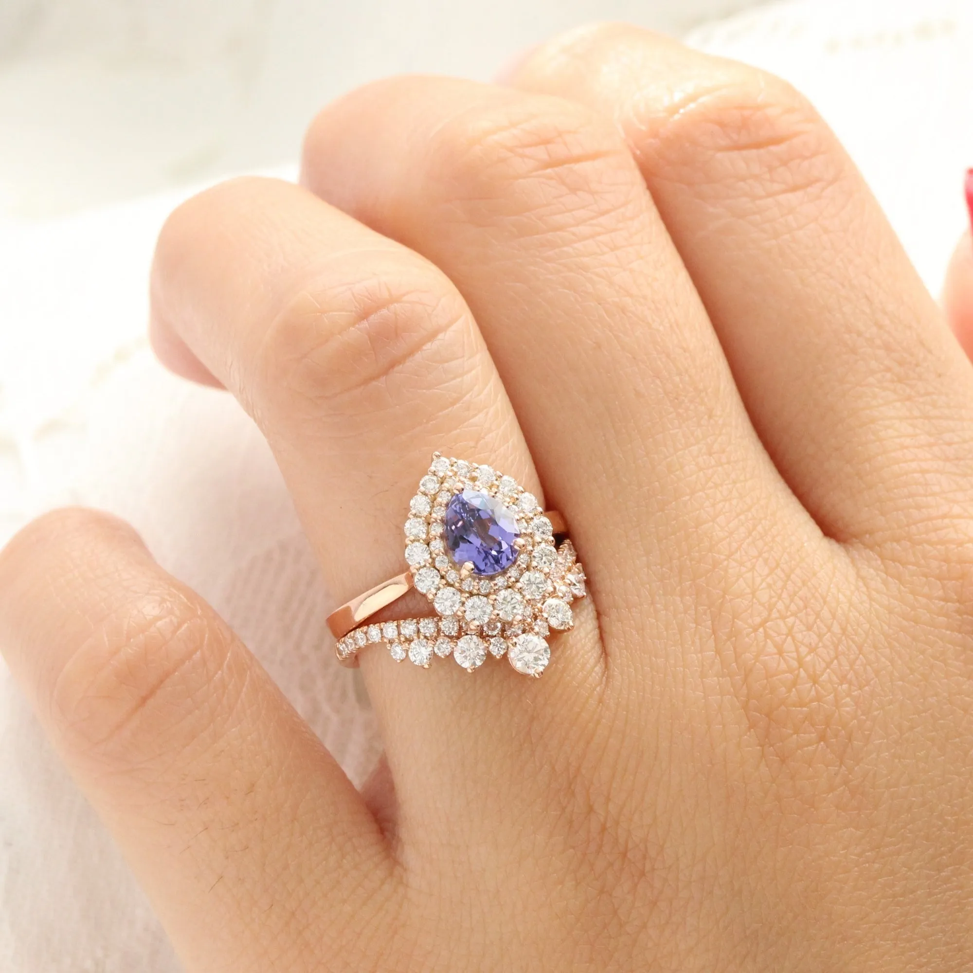 Pear Lavender Purple Sapphire Ring in 14k Rose Gold Double Halo Diamond, Size 6.5
