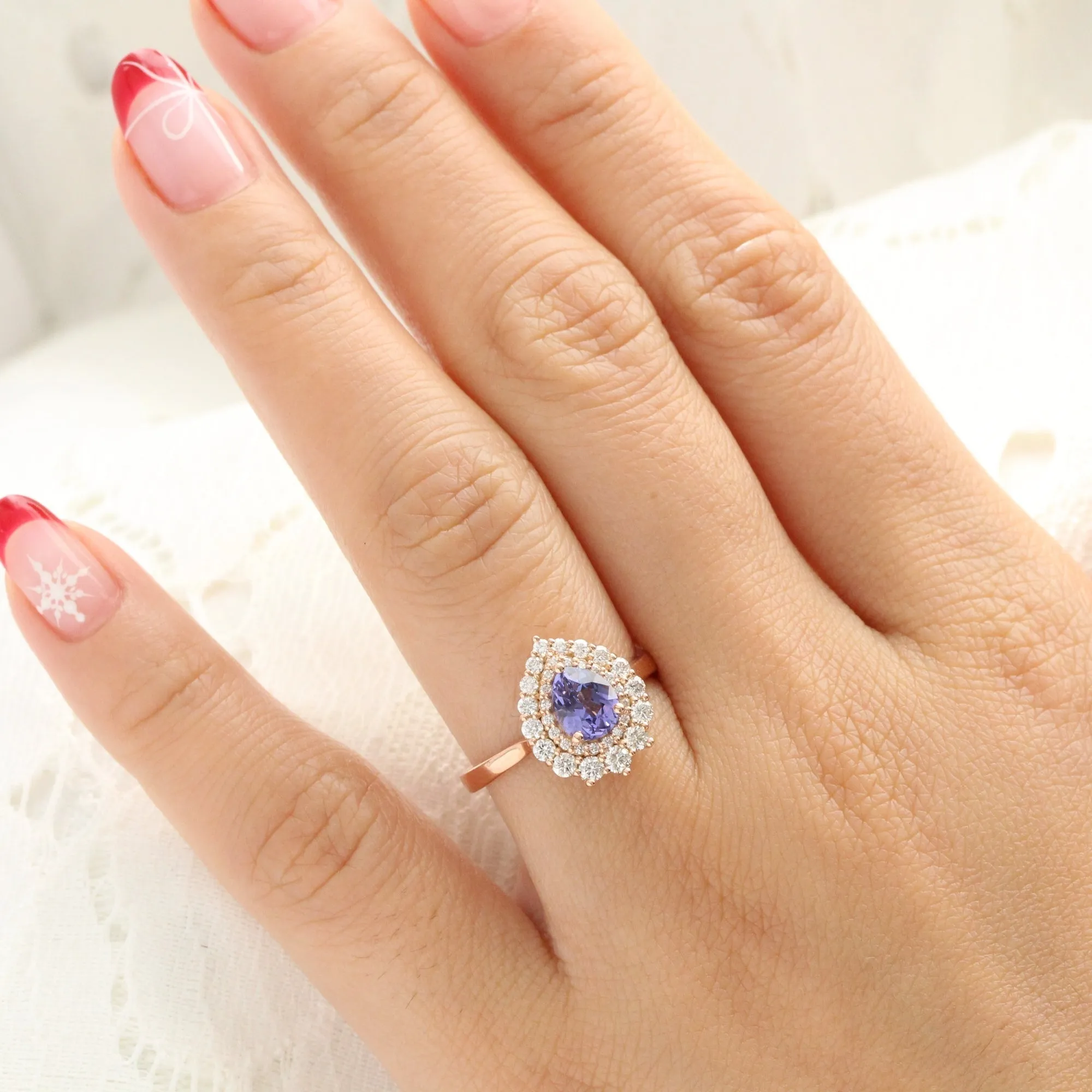 Pear Lavender Purple Sapphire Ring in 14k Rose Gold Double Halo Diamond, Size 6.5