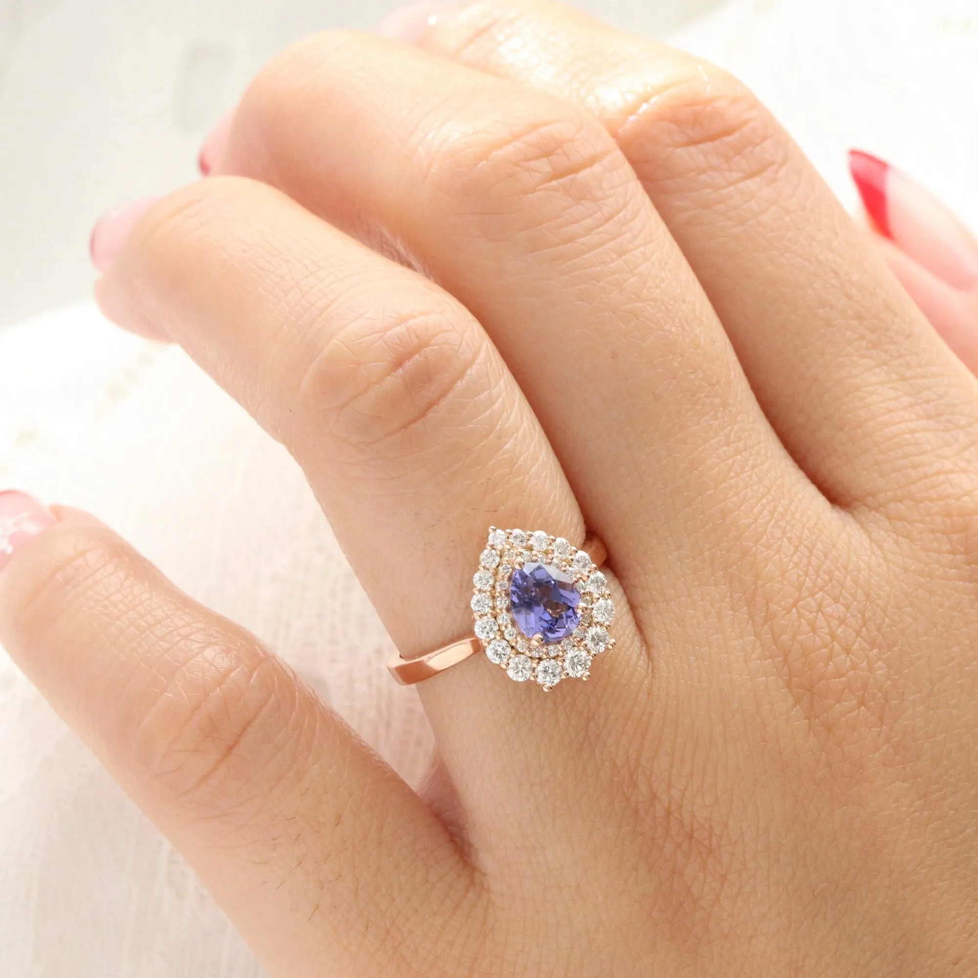 Pear Lavender Purple Sapphire Ring in 14k Rose Gold Double Halo Diamond, Size 6.5