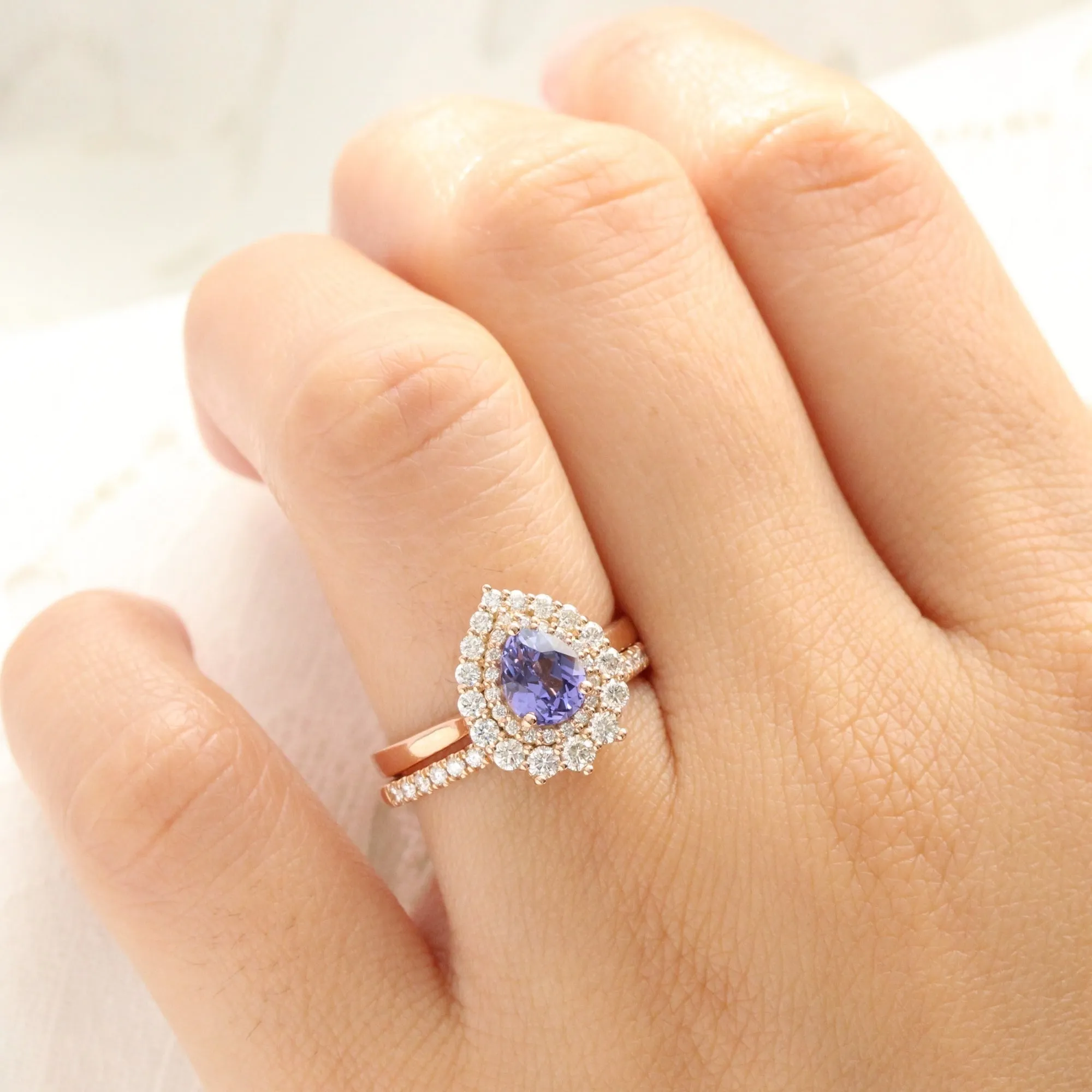 Pear Lavender Purple Sapphire Ring in 14k Rose Gold Double Halo Diamond, Size 6.5