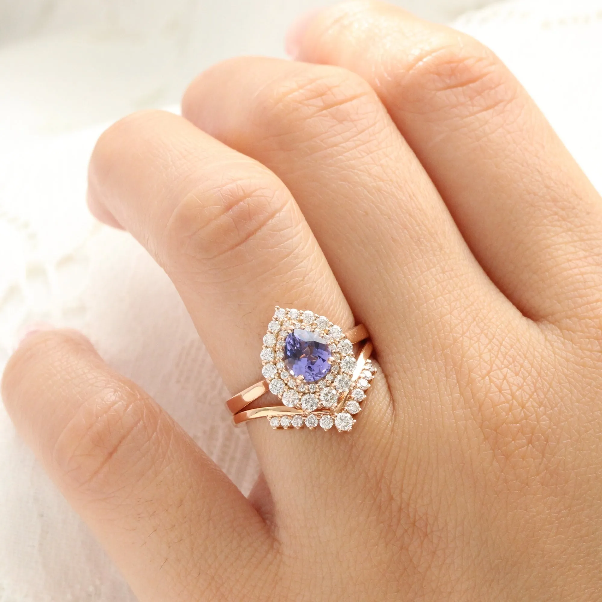 Pear Lavender Purple Sapphire Ring in 14k Rose Gold Double Halo Diamond, Size 6.5