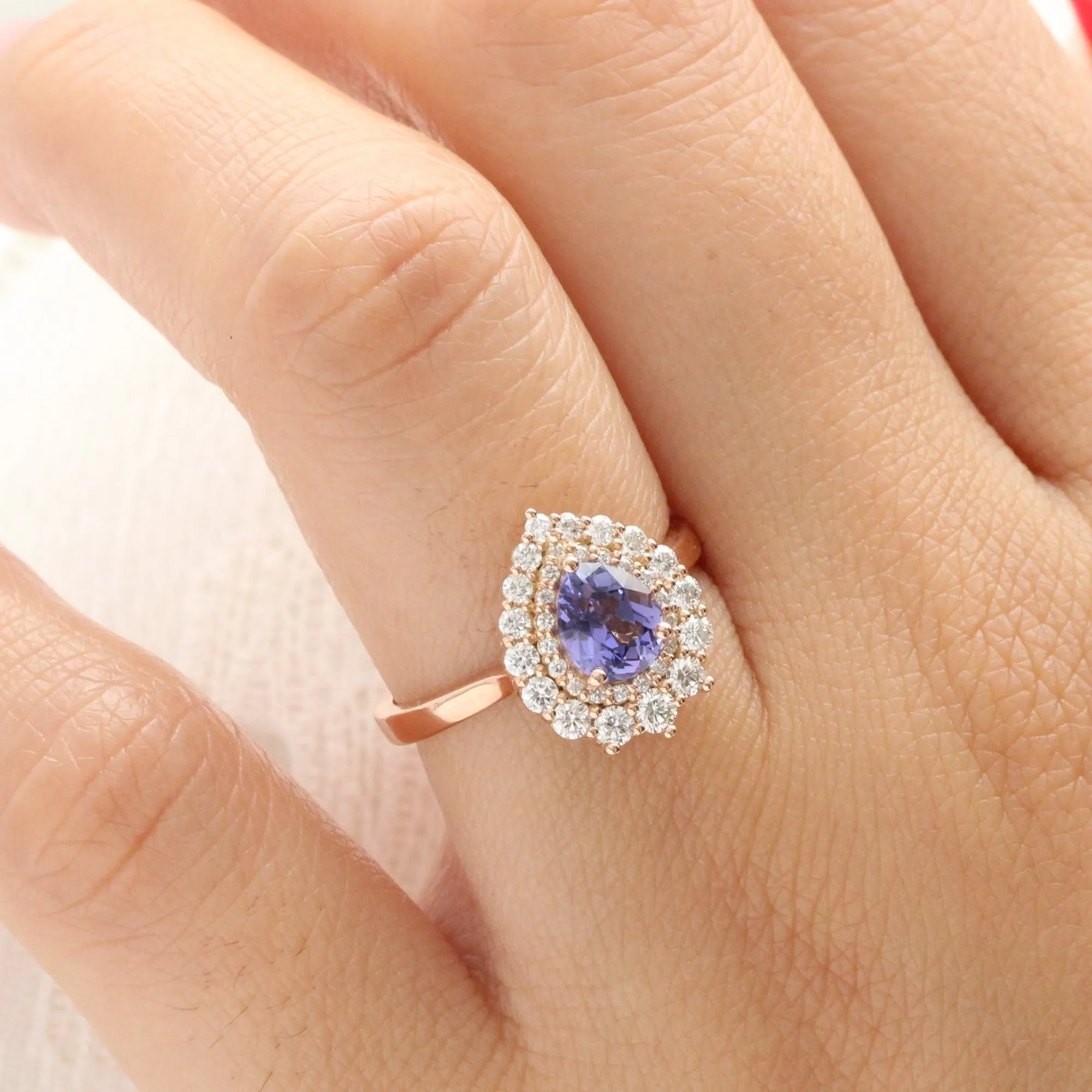 Pear Lavender Purple Sapphire Ring in 14k Rose Gold Double Halo Diamond, Size 6.5