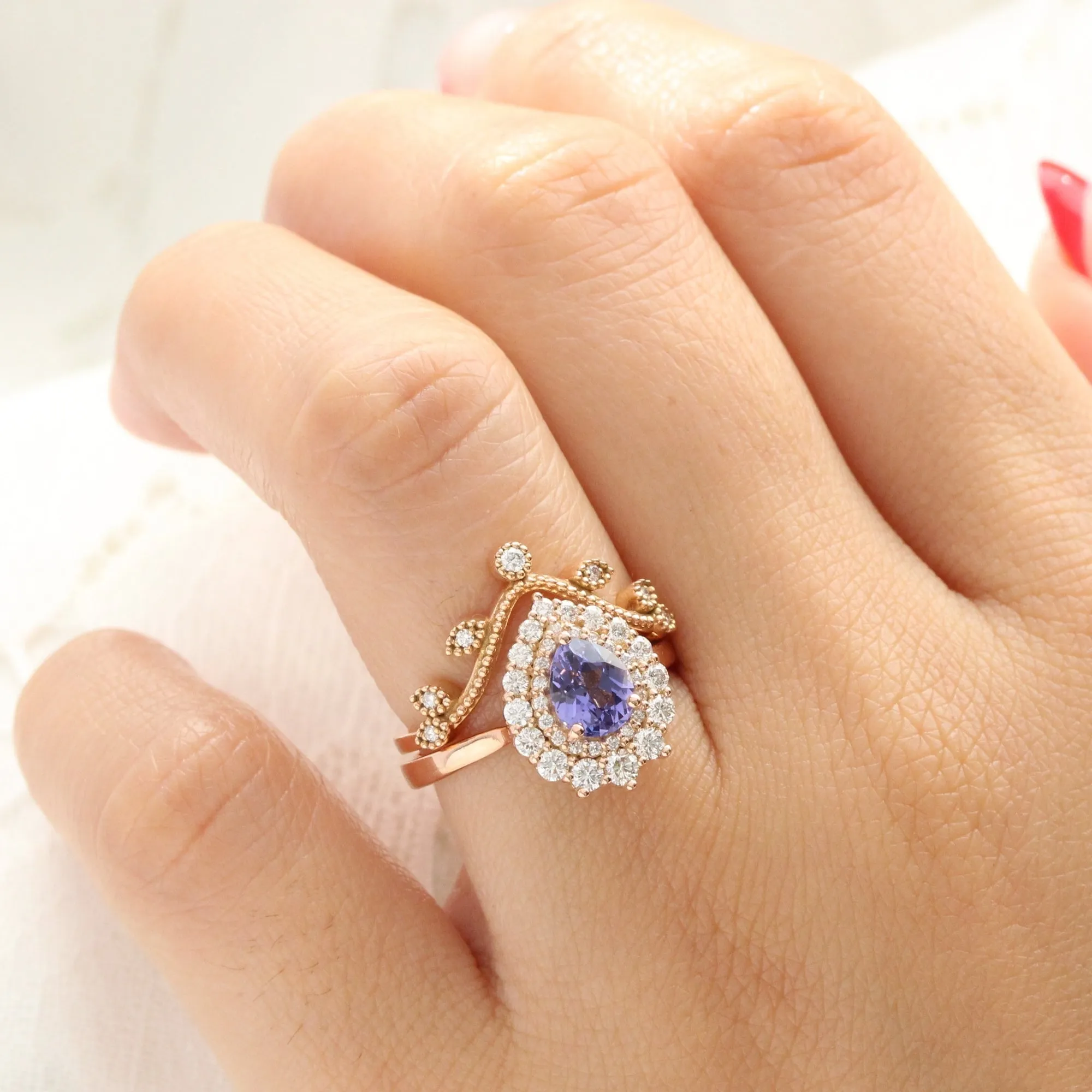 Pear Lavender Purple Sapphire Ring in 14k Rose Gold Double Halo Diamond, Size 6.5