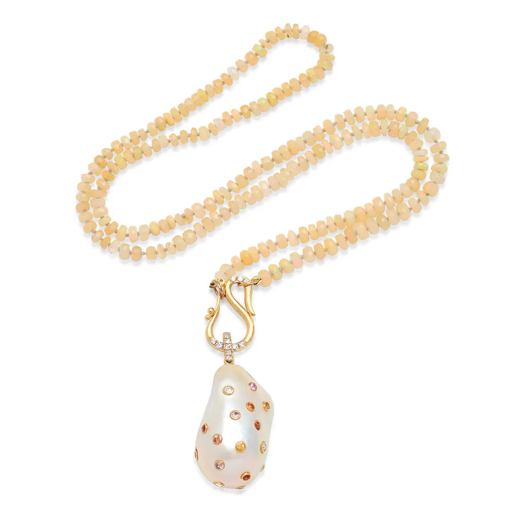 Pearl Pendant with Bezel Set Sapphires on Opal Strand Necklace