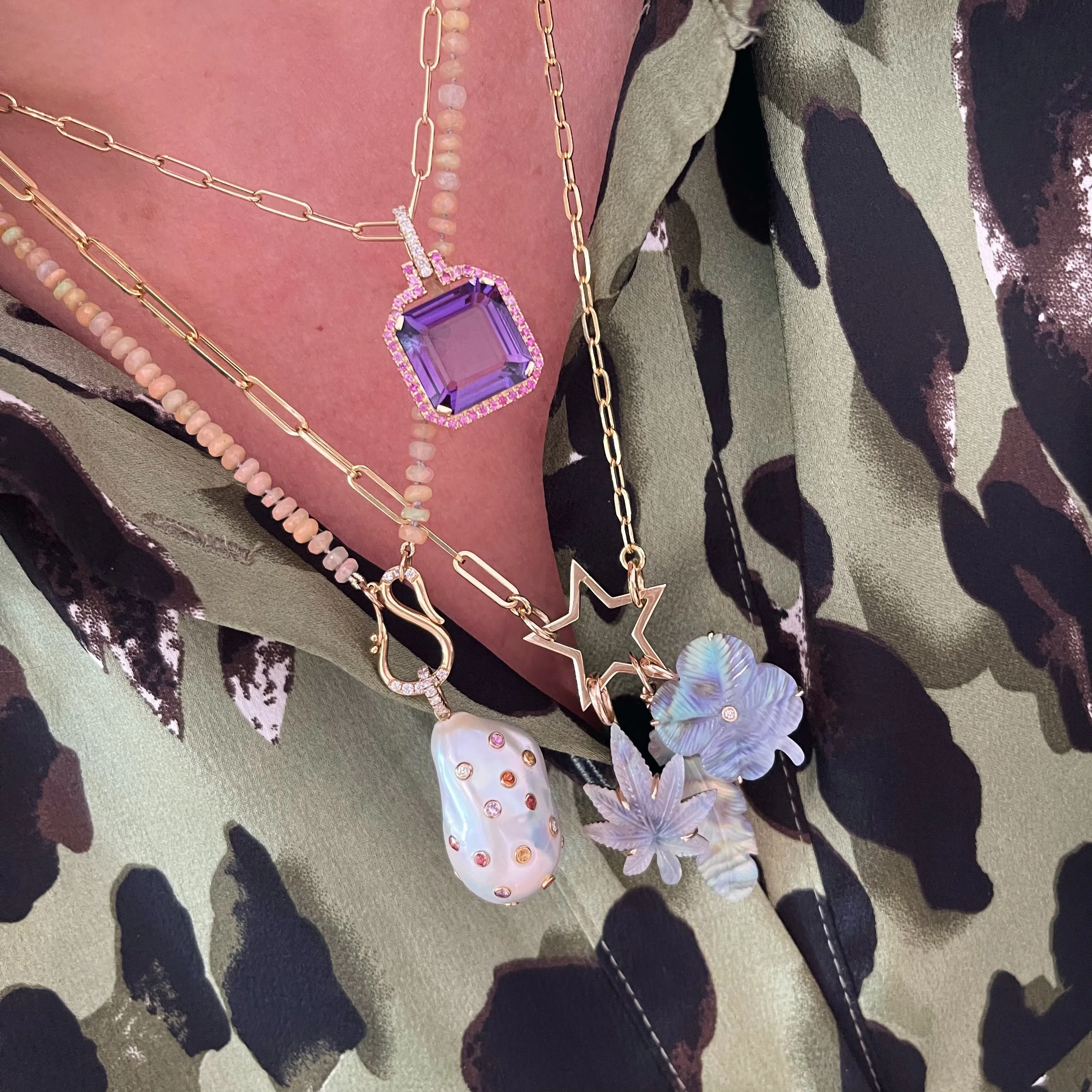 Pearl Pendant with Bezel Set Sapphires on Opal Strand Necklace