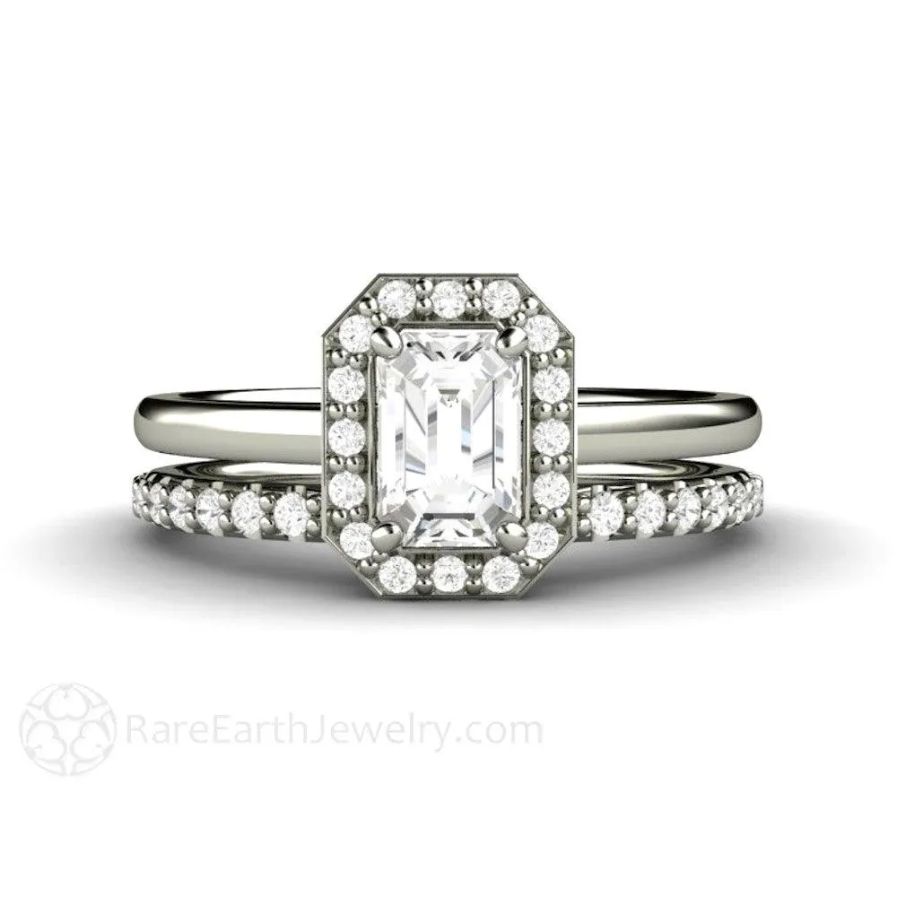 Petite Halo White Sapphire Engagement Ring Bridal Set