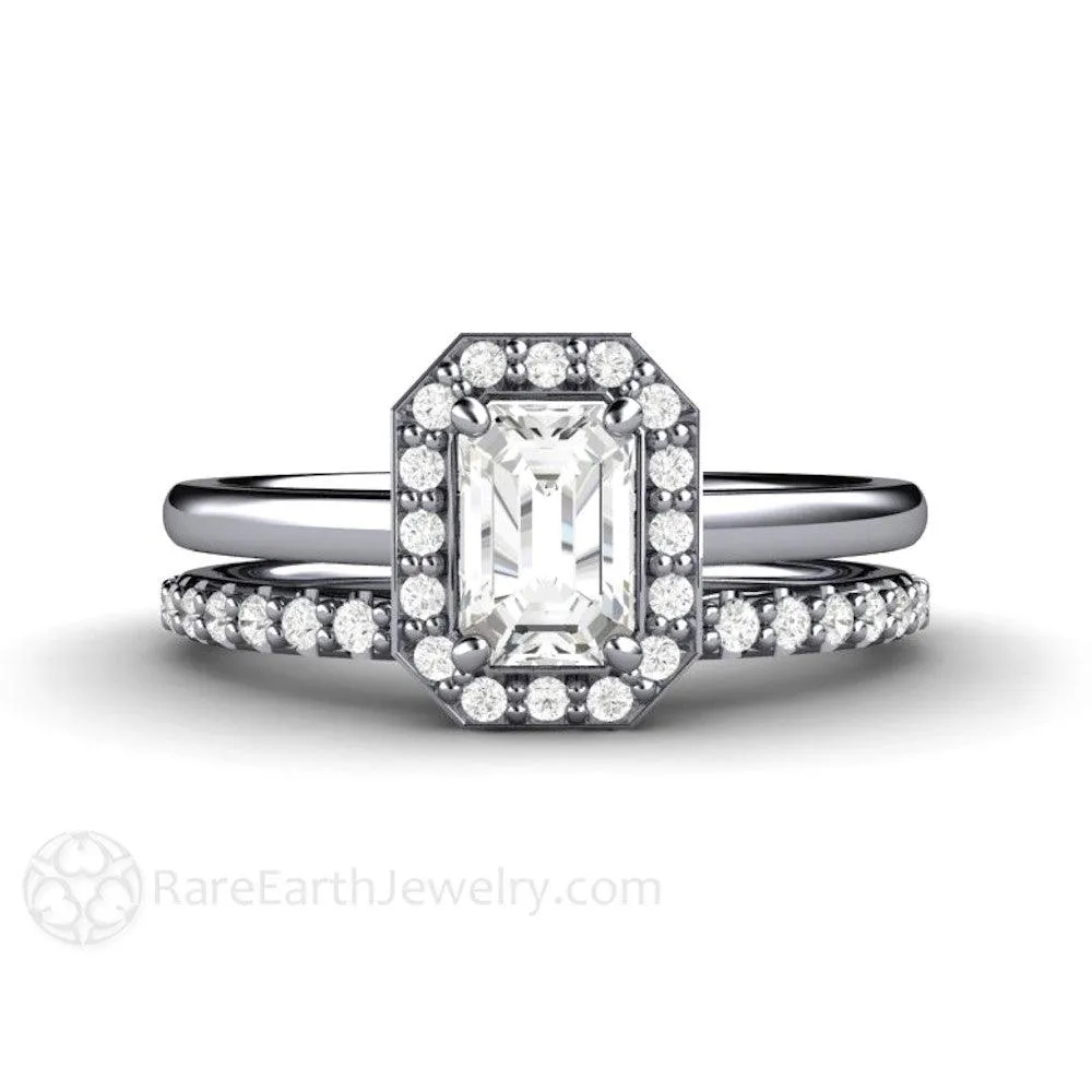 Petite Halo White Sapphire Engagement Ring Bridal Set