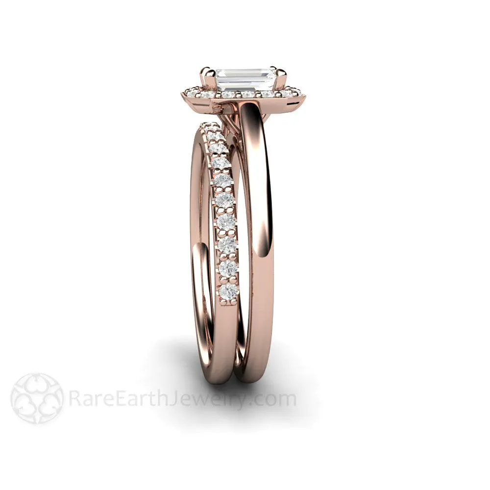 Petite Halo White Sapphire Engagement Ring Bridal Set