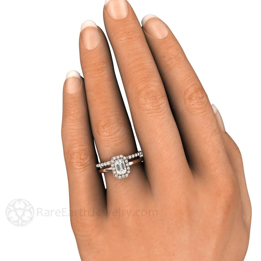 Petite Halo White Sapphire Engagement Ring Bridal Set
