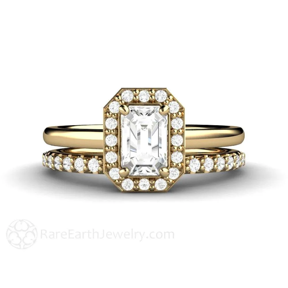 Petite Halo White Sapphire Engagement Ring Bridal Set