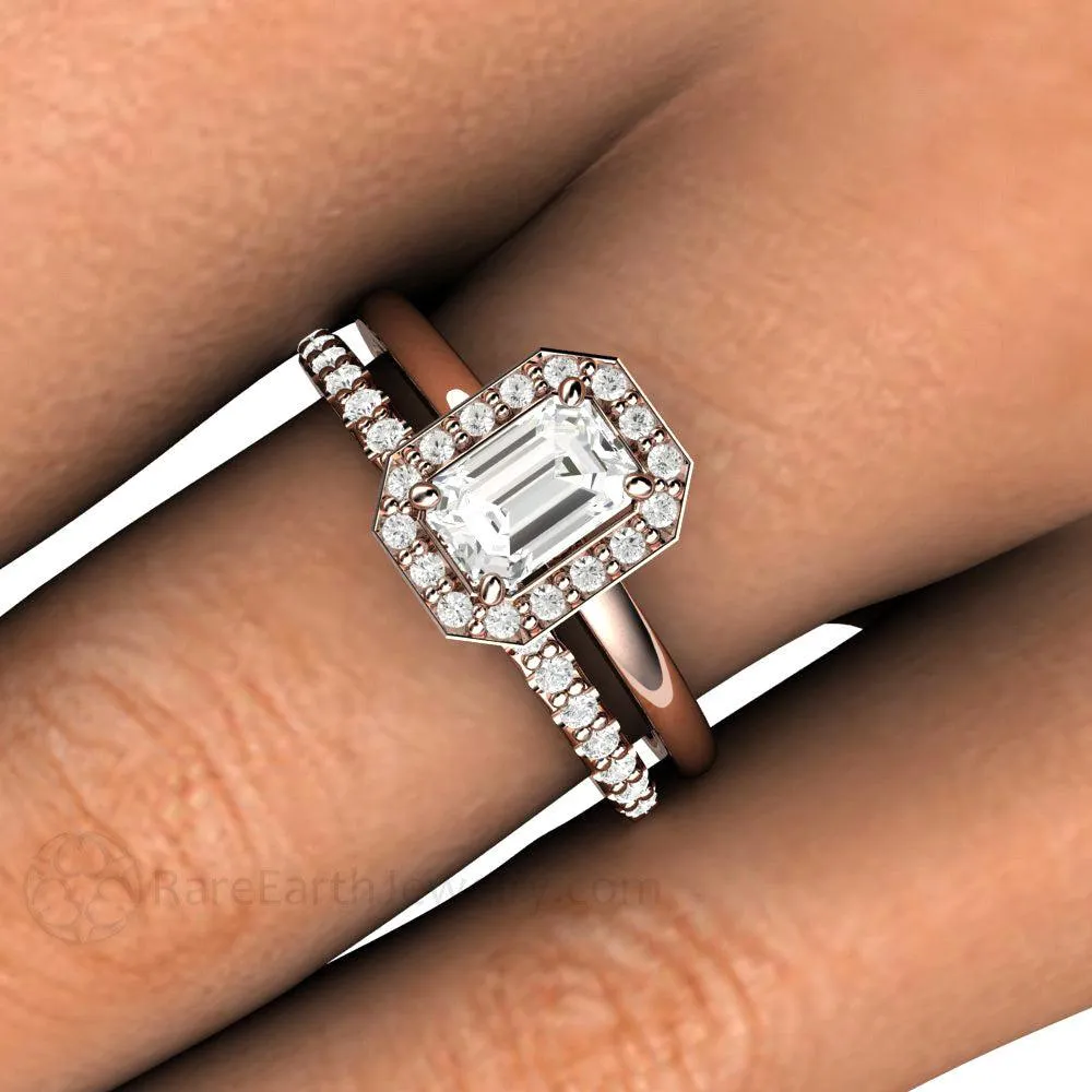 Petite Halo White Sapphire Engagement Ring Bridal Set