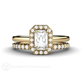 Petite Halo White Sapphire Engagement Ring Bridal Set