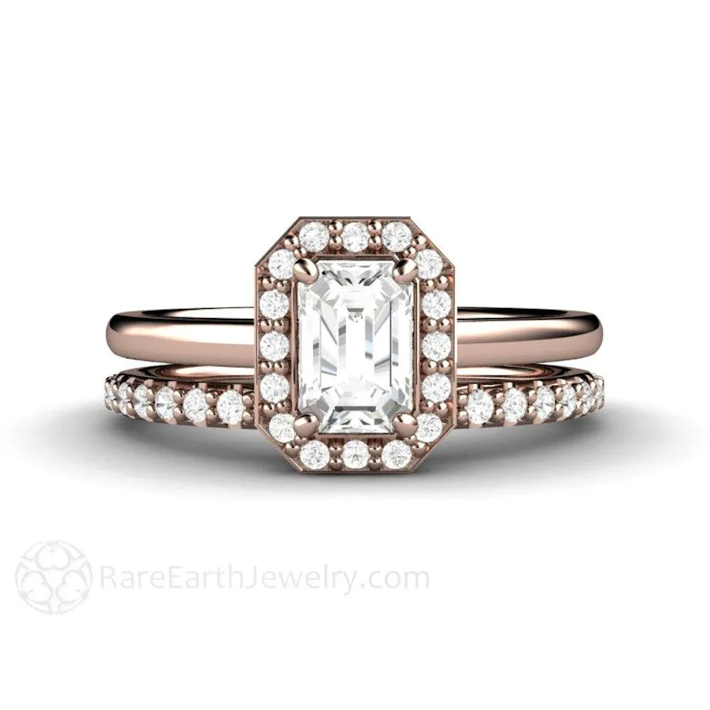 Petite Halo White Sapphire Engagement Ring Bridal Set