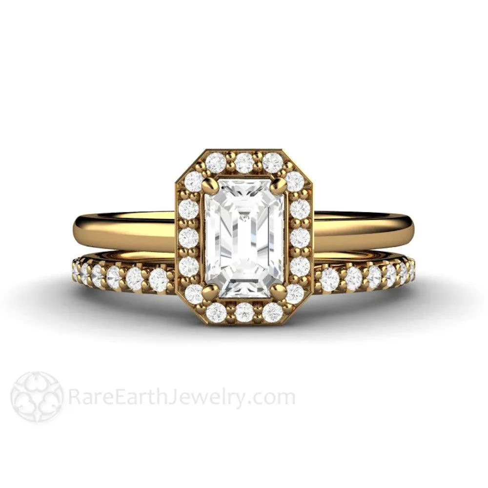 Petite Halo White Sapphire Engagement Ring Bridal Set