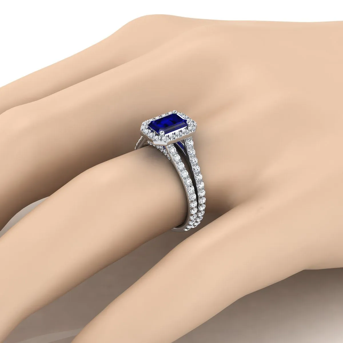 Platinum Emerald Cut Sapphire Halo Two Row Pavé Diamond Split Shank Engagement Ring -7/8ctw