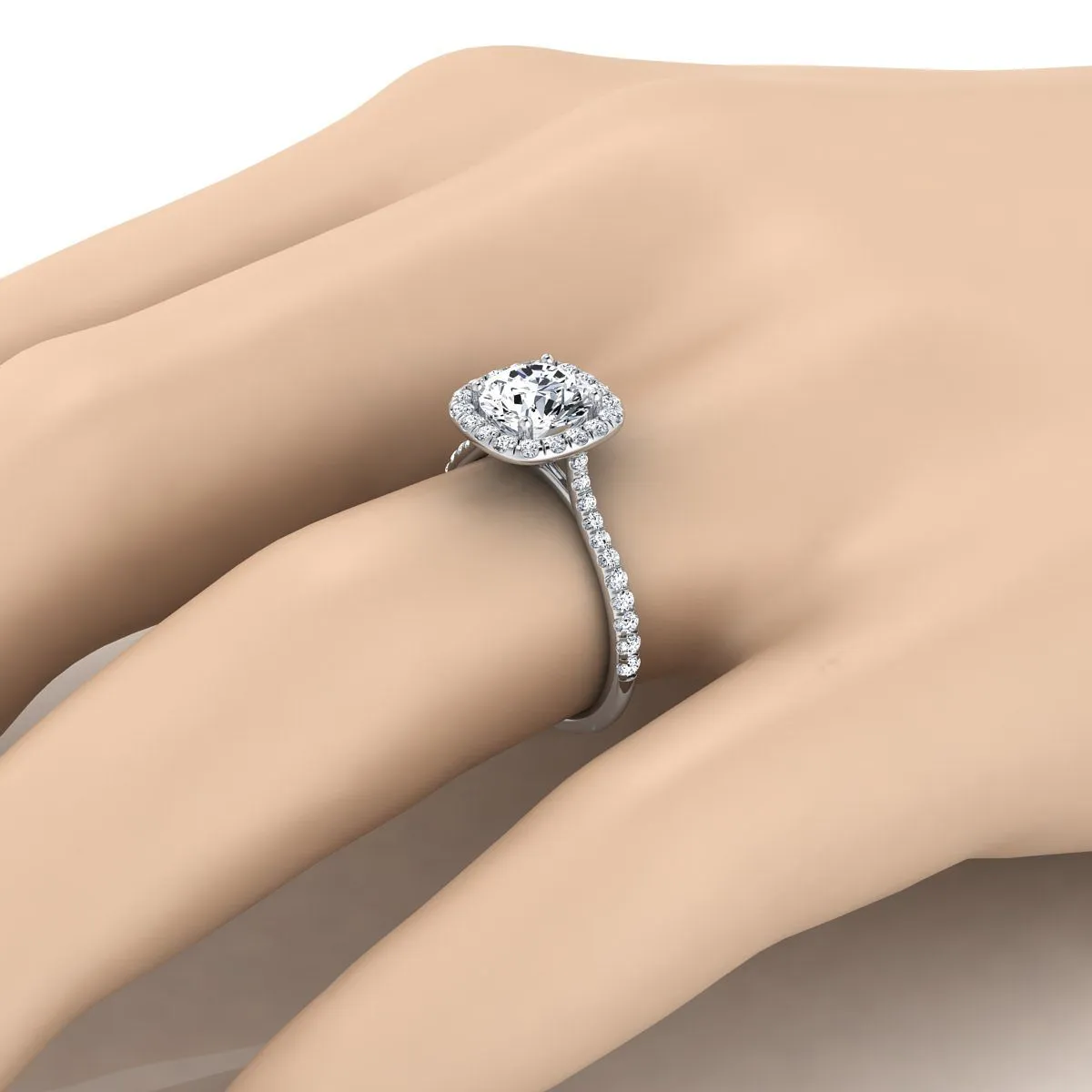 Platinum Round Brilliant Pink Sapphire Shared Prong Diamond Halo Engagement Ring -3/8ctw