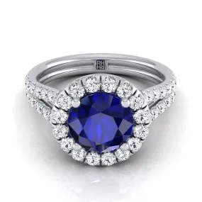 Platinum Round Brilliant Sapphire French Pave Split Shank Diamond Halo Engagement Ring -5/8ctw