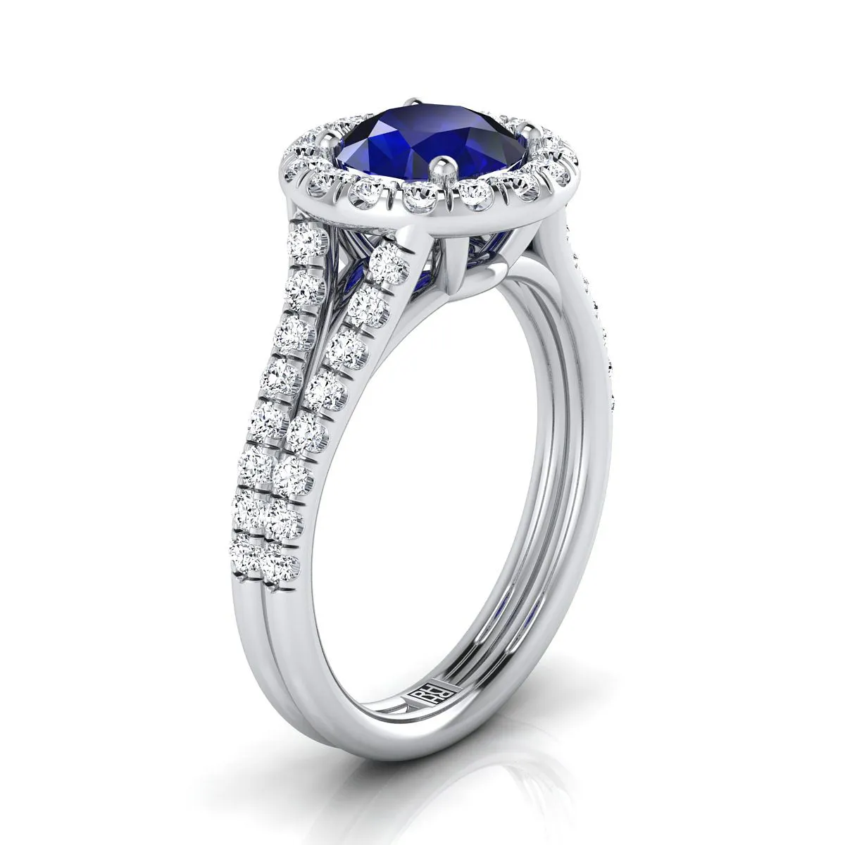 Platinum Round Brilliant Sapphire French Pave Split Shank Diamond Halo Engagement Ring -5/8ctw