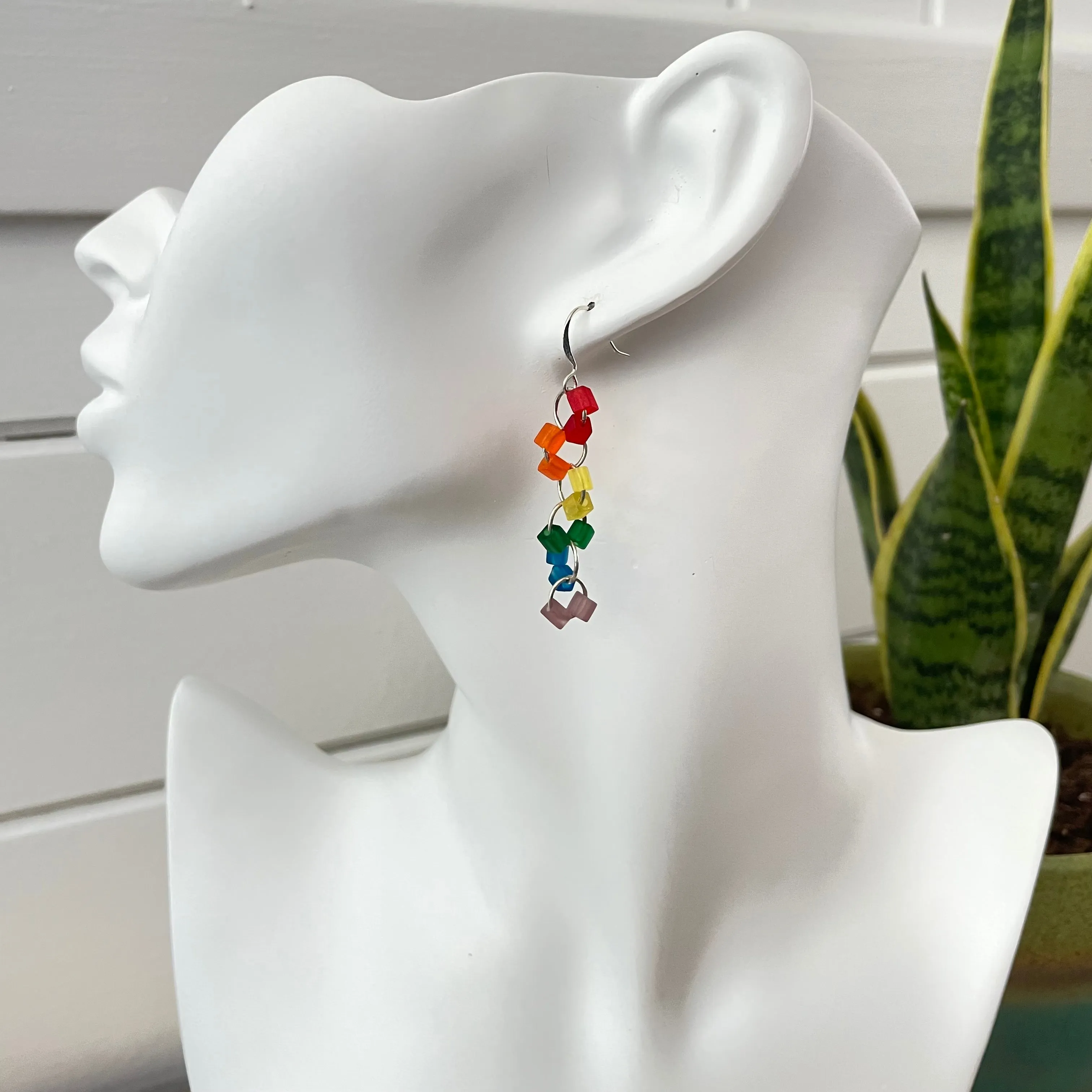 Rainbow Frosted Glass Geometric Link Dangle Earrings 2" LGBTIA Hand Crafted Colorful Ally Pride Flag