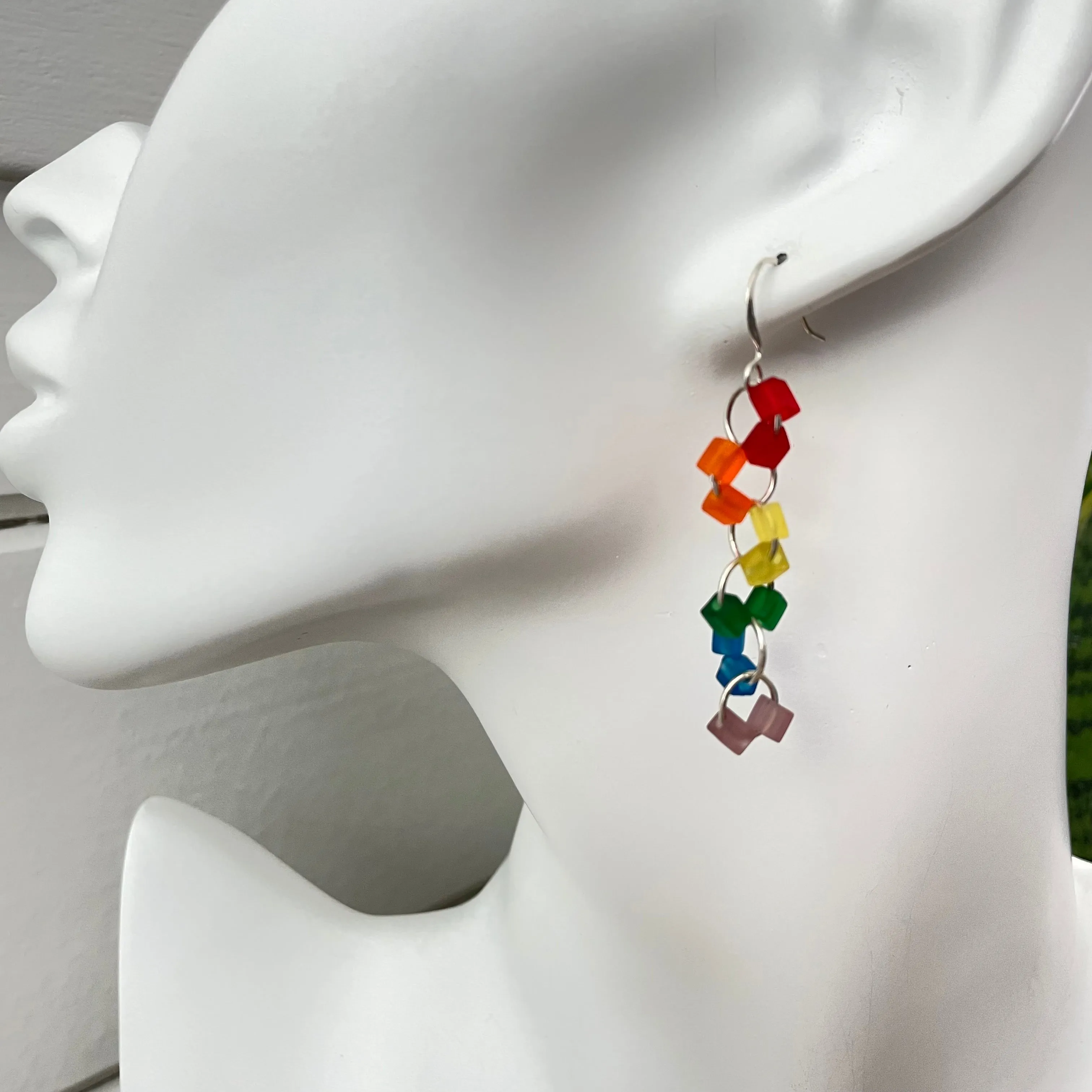 Rainbow Frosted Glass Geometric Link Dangle Earrings 2" LGBTIA Hand Crafted Colorful Ally Pride Flag
