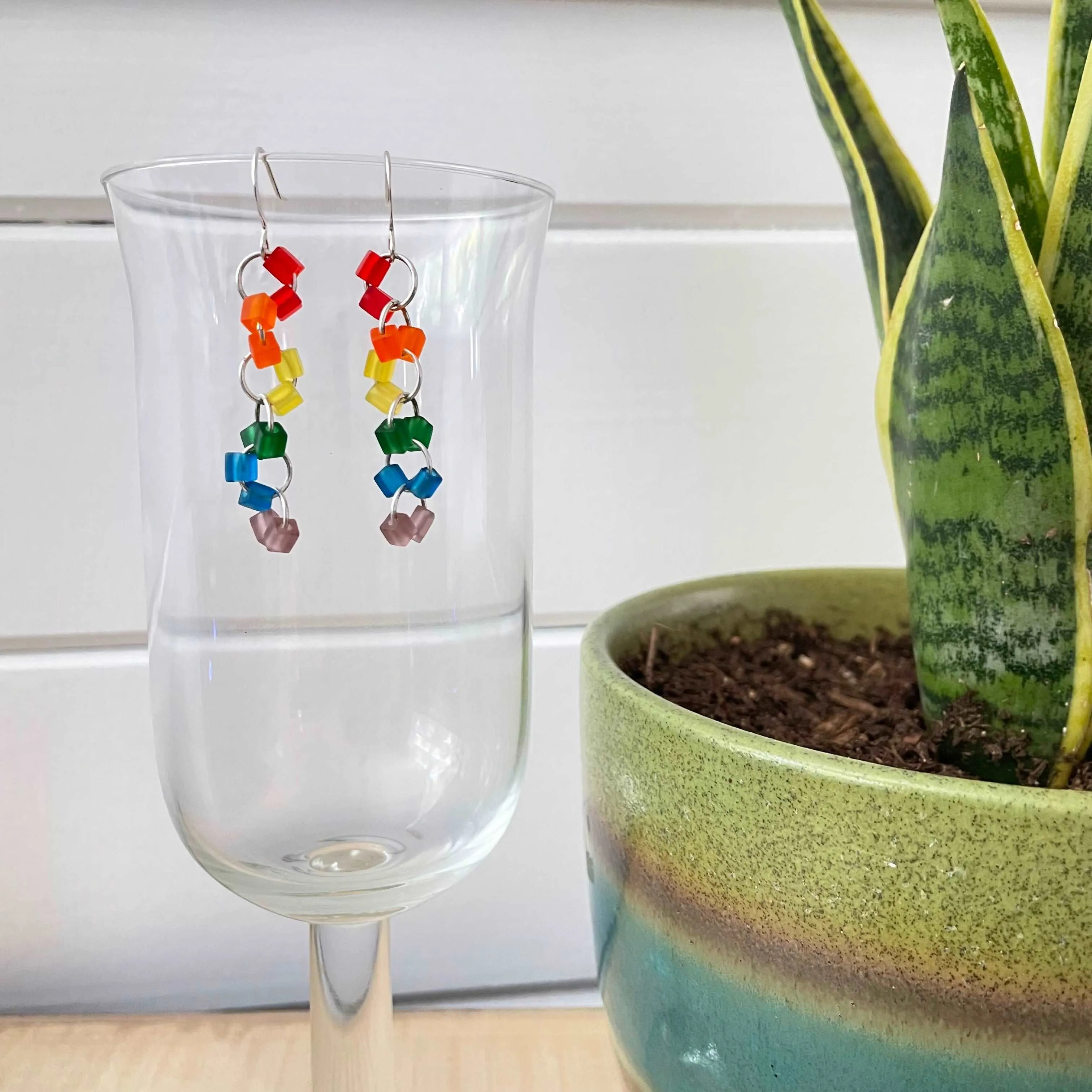 Rainbow Frosted Glass Geometric Link Dangle Earrings 2" LGBTIA Hand Crafted Colorful Ally Pride Flag
