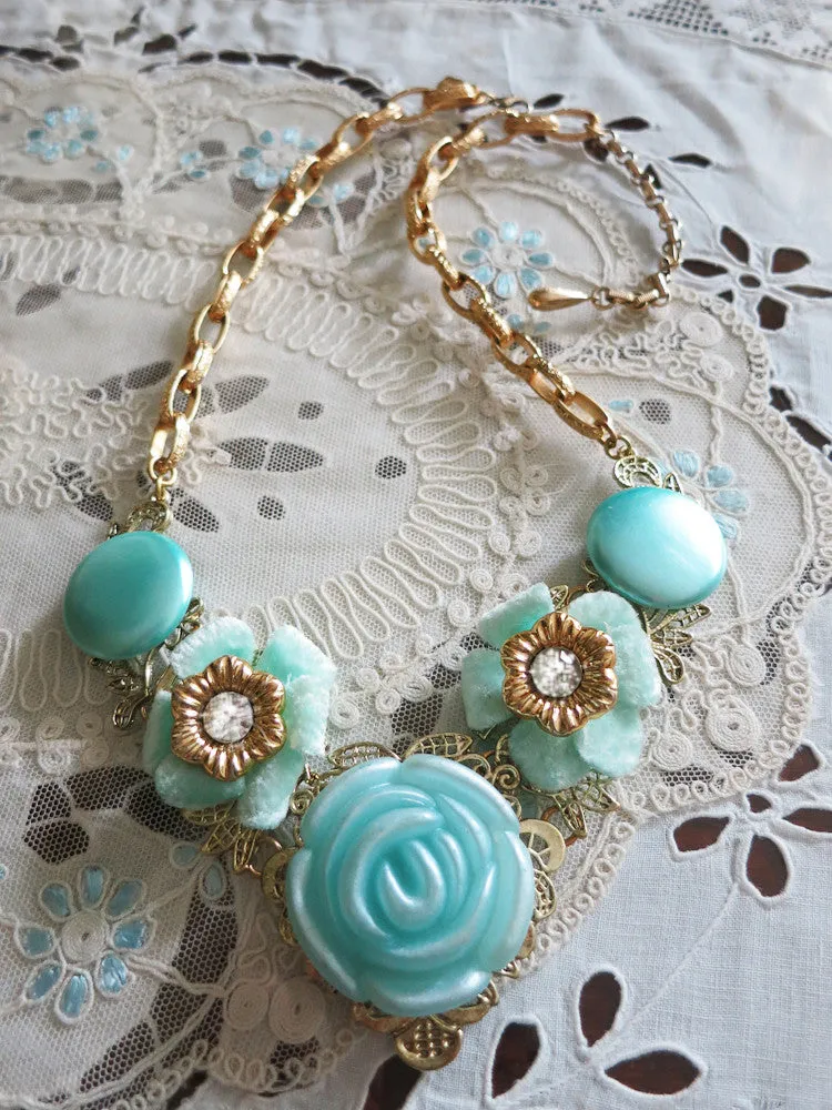 Robins Egg Blue Flower Collar Necklace