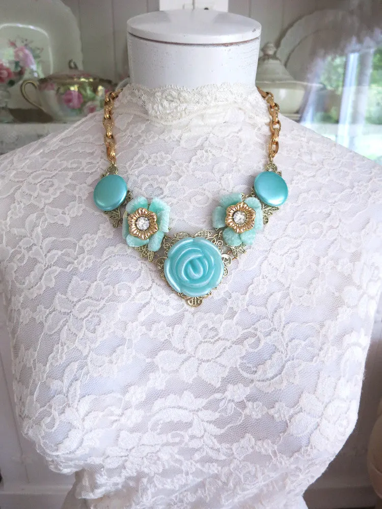 Robins Egg Blue Flower Collar Necklace