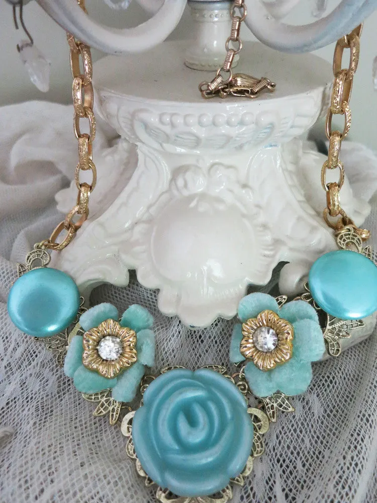 Robins Egg Blue Flower Collar Necklace