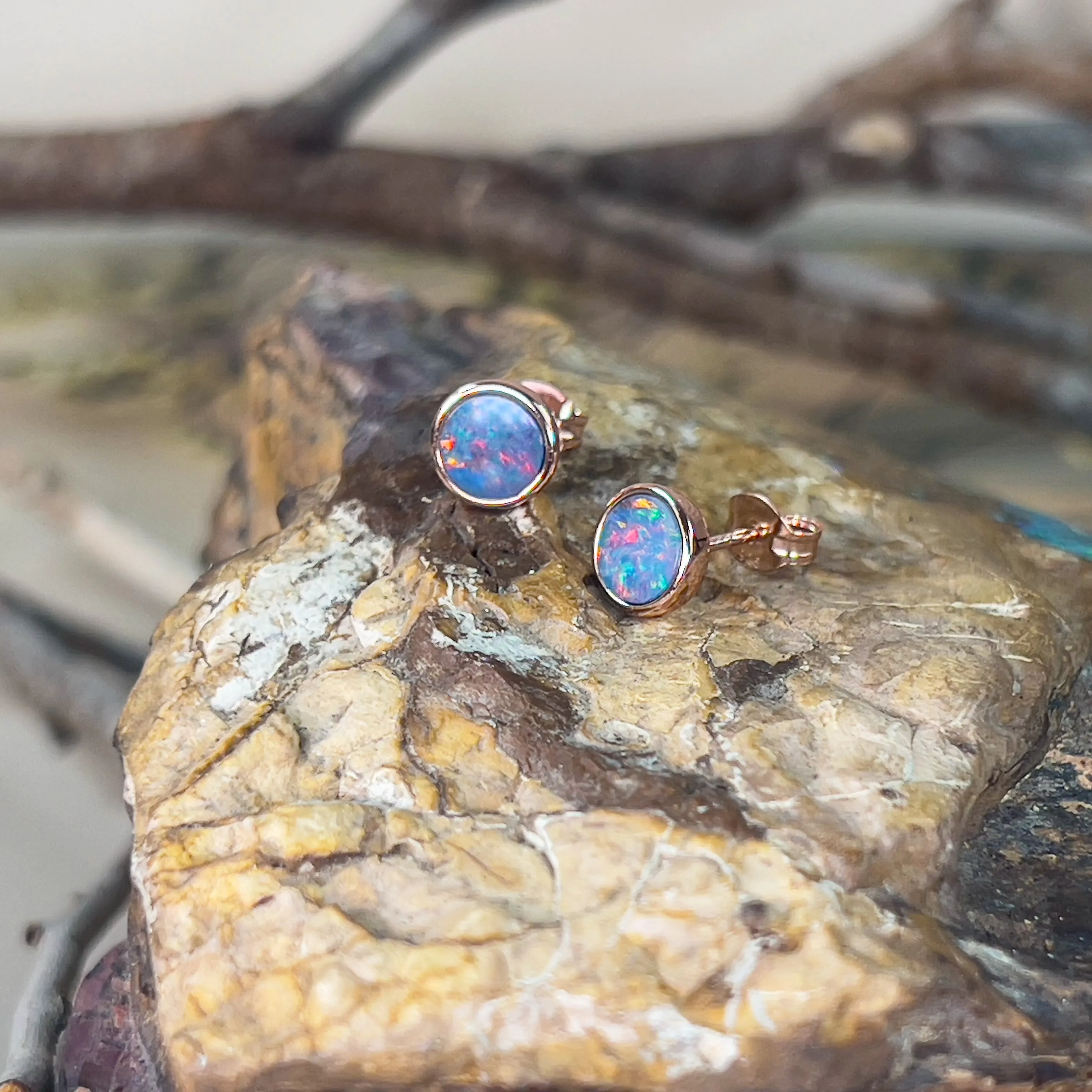 Rose Gold plated Silver 6.5mm Round Opal doublet studs