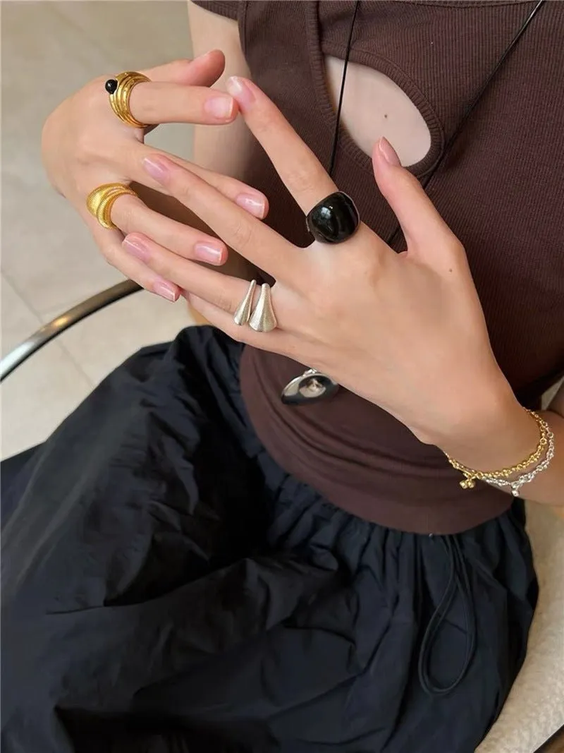 S925 Sterling Silver Irregular Black Onyx Rings
