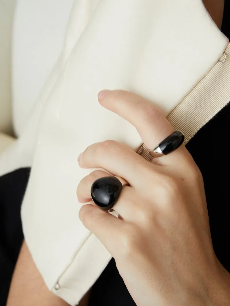 S925 Sterling Silver Irregular Black Onyx Rings