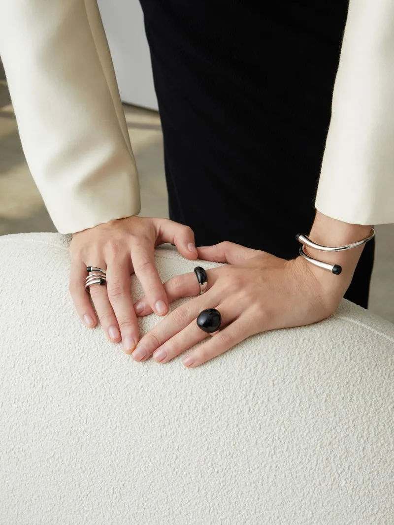 S925 Sterling Silver Irregular Black Onyx Rings
