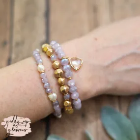 Set of Three Bracelets in Gold and Lavender with Clear Crystal Charm