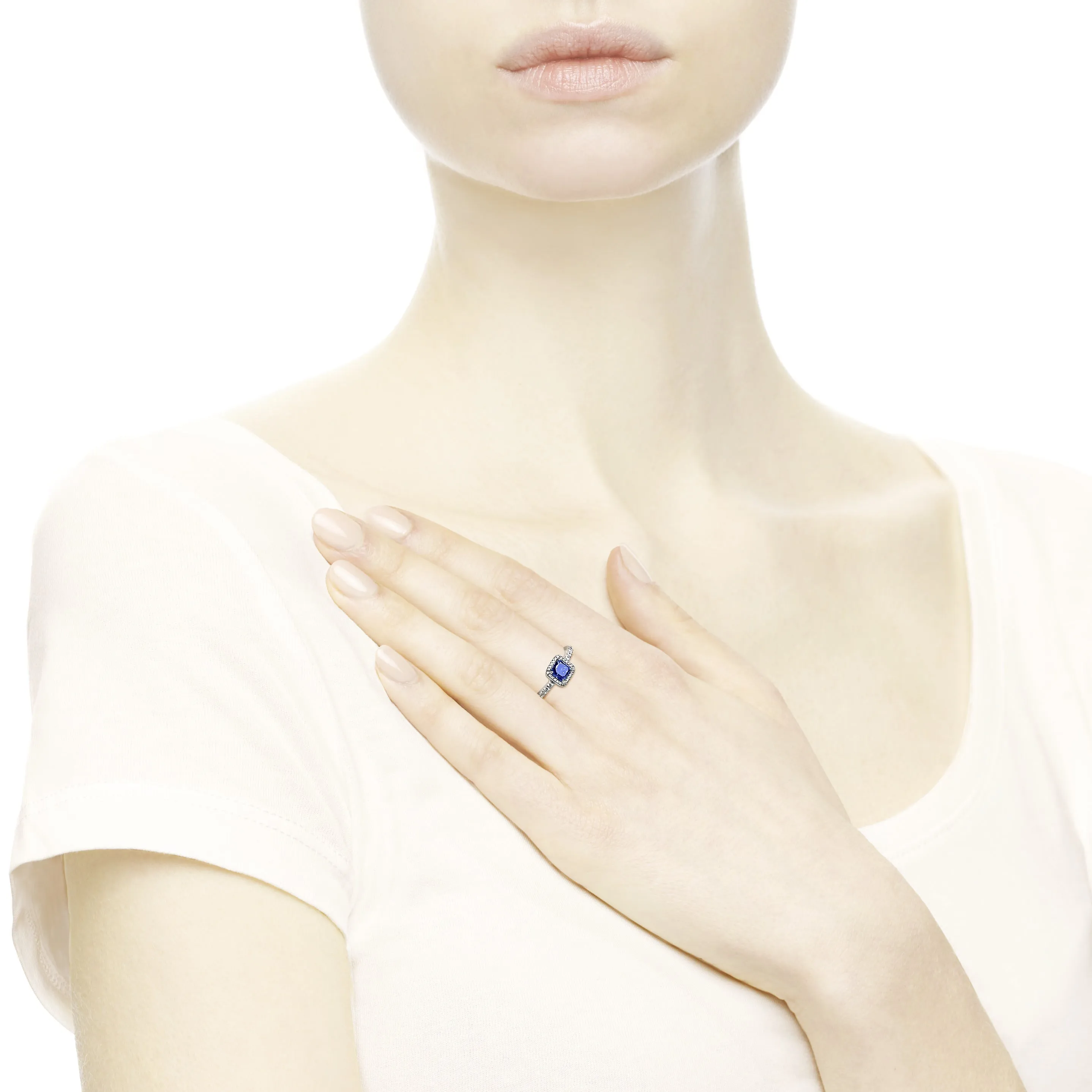 Silver ring with true blue crystal and clear cubic zirconia