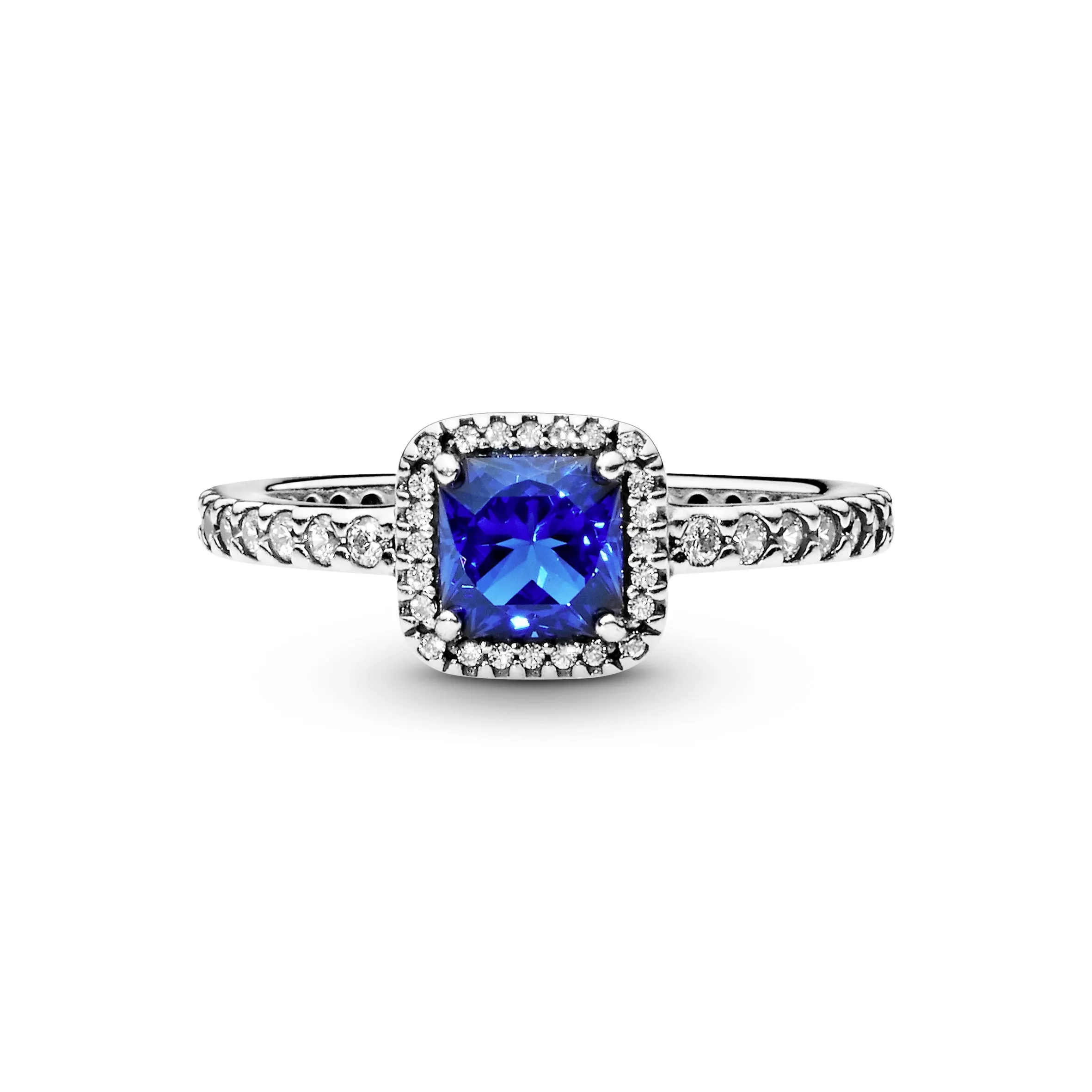 Silver ring with true blue crystal and clear cubic zirconia