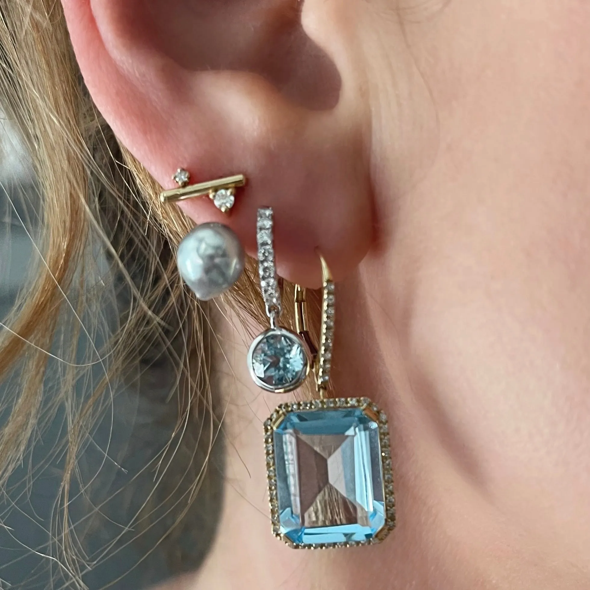 Small Diamond Hoop Earrings with Blue Topaz Charms