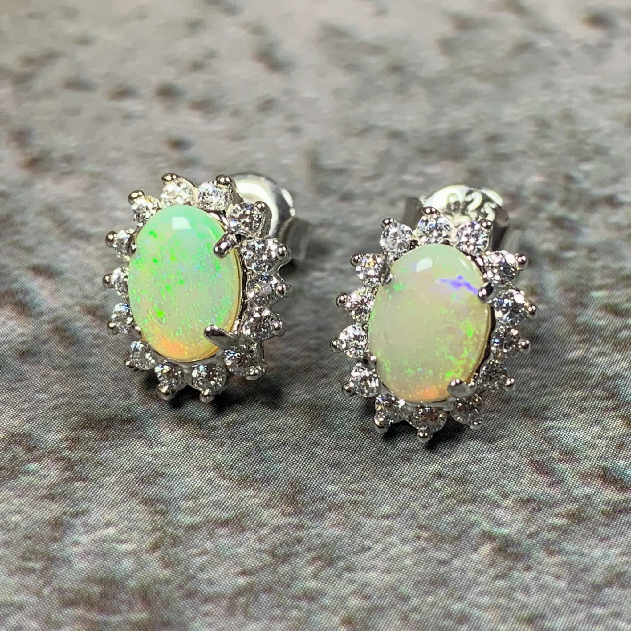 Sterling Silver 7x5mm White Opal cluster earrings