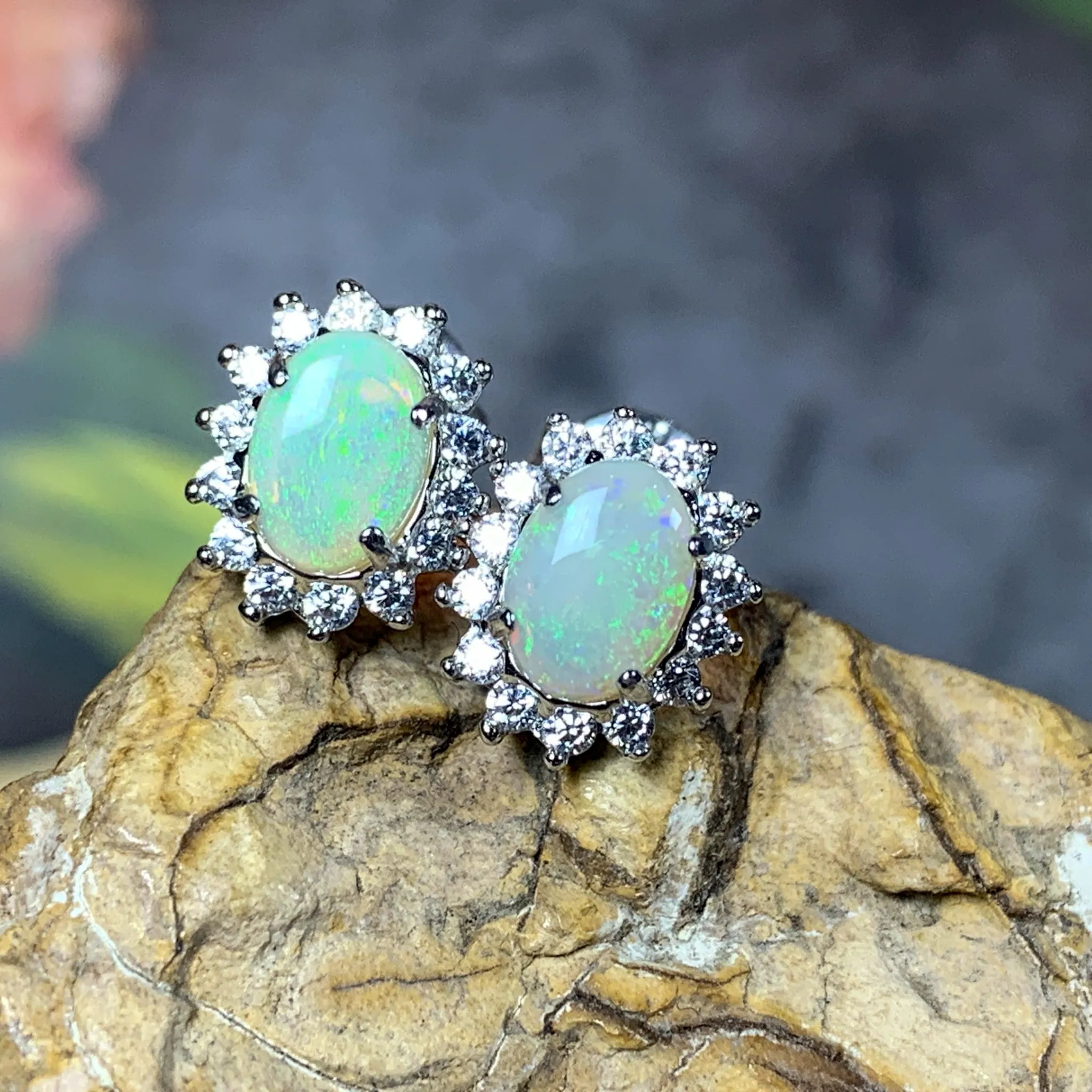 Sterling Silver 7x5mm White Opal cluster earrings