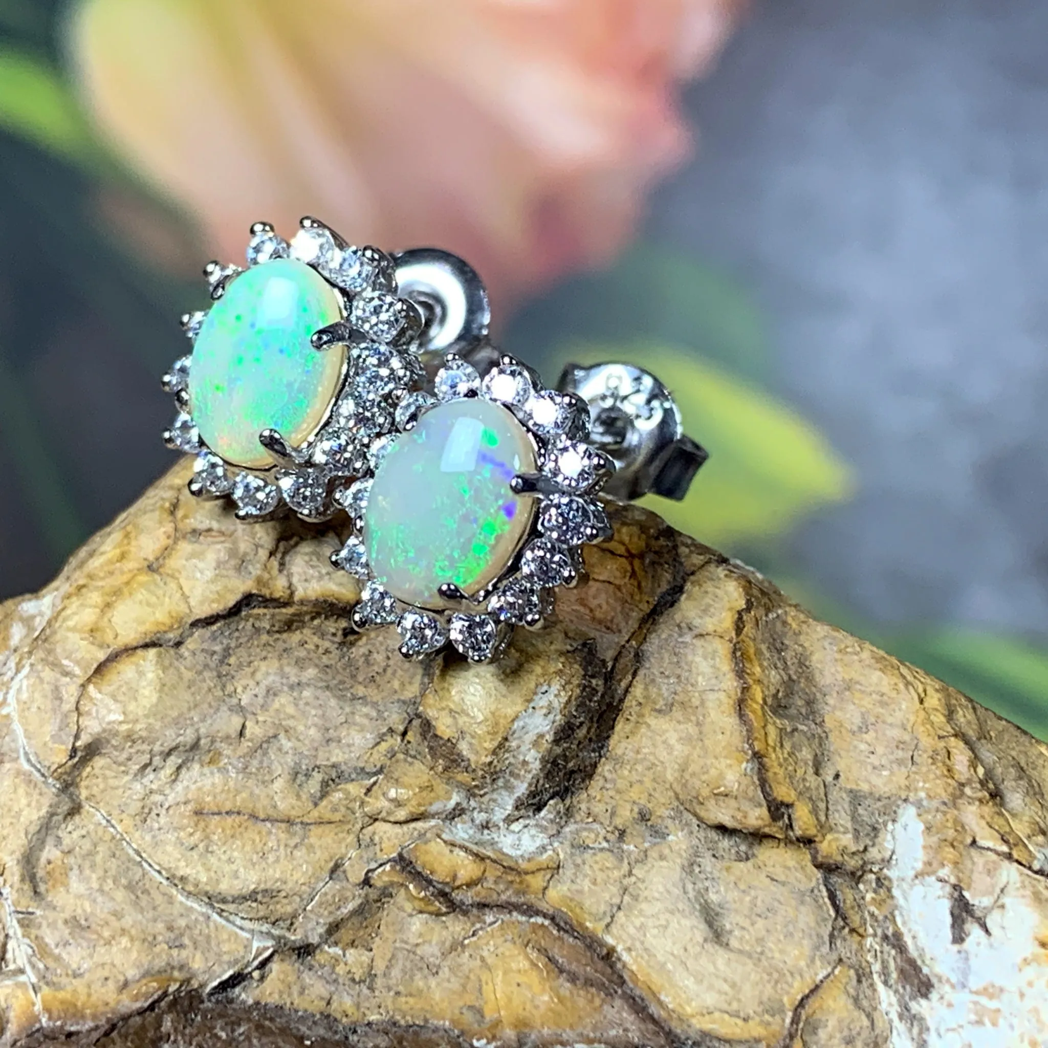 Sterling Silver 7x5mm White Opal cluster earrings
