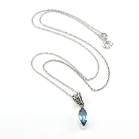 Sterling Silver Blue Topaz 6x12mm Marquise Bali Necklace