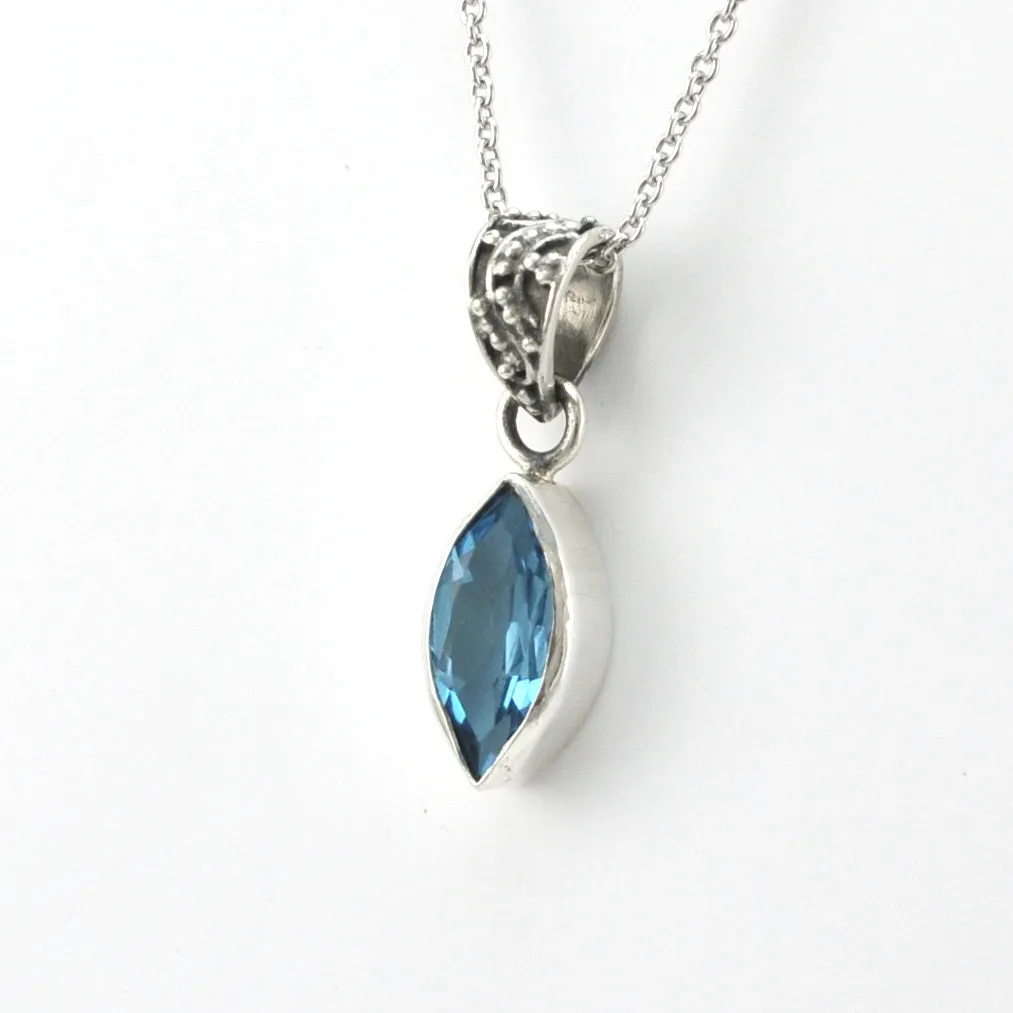 Sterling Silver Blue Topaz 6x12mm Marquise Bali Necklace