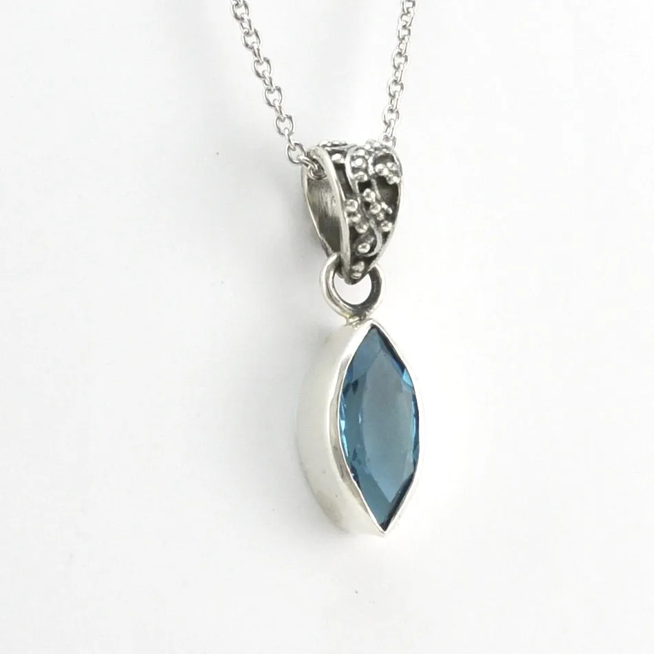 Sterling Silver Blue Topaz 6x12mm Marquise Bali Necklace