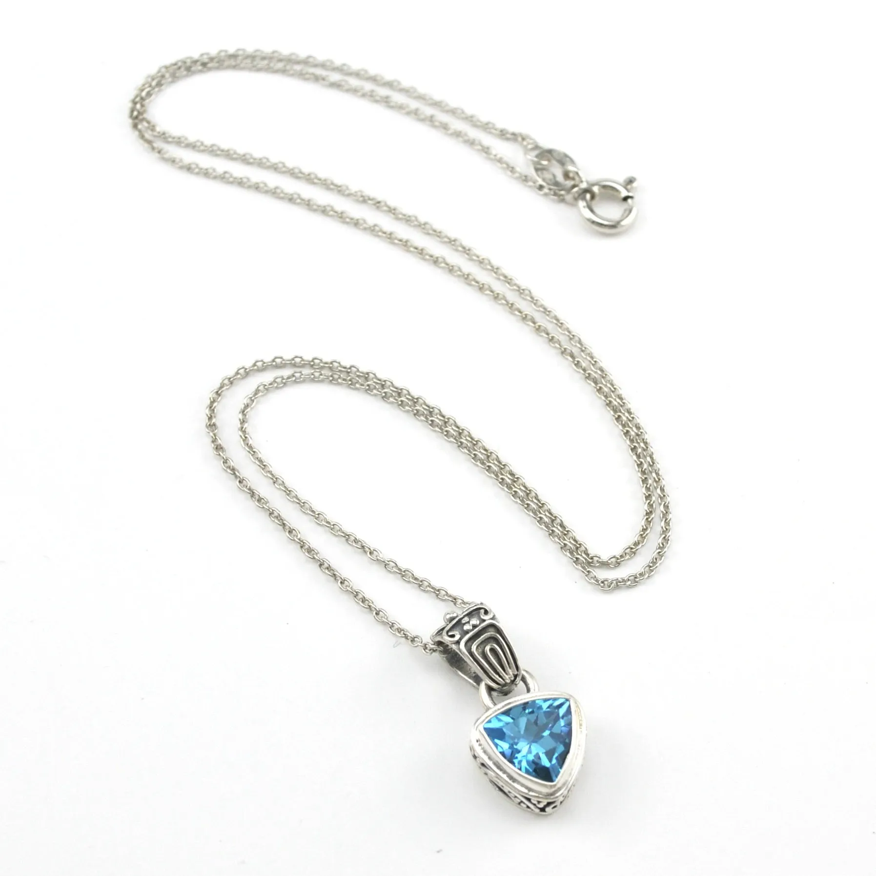 Sterling Silver Blue Topaz 8mm Trillion Bali Necklace