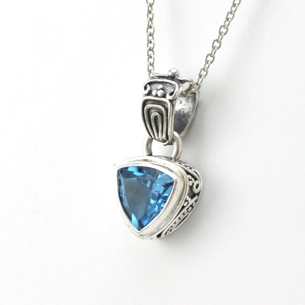 Sterling Silver Blue Topaz 8mm Trillion Bali Necklace